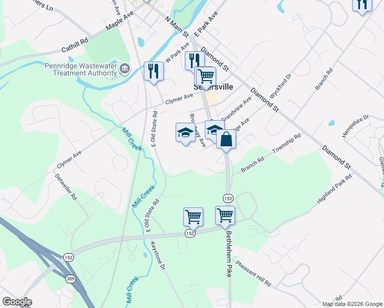 map of restaurants, bars, coffee shops, grocery stores, and more near 122 West Ridge Avenue in Sellersville