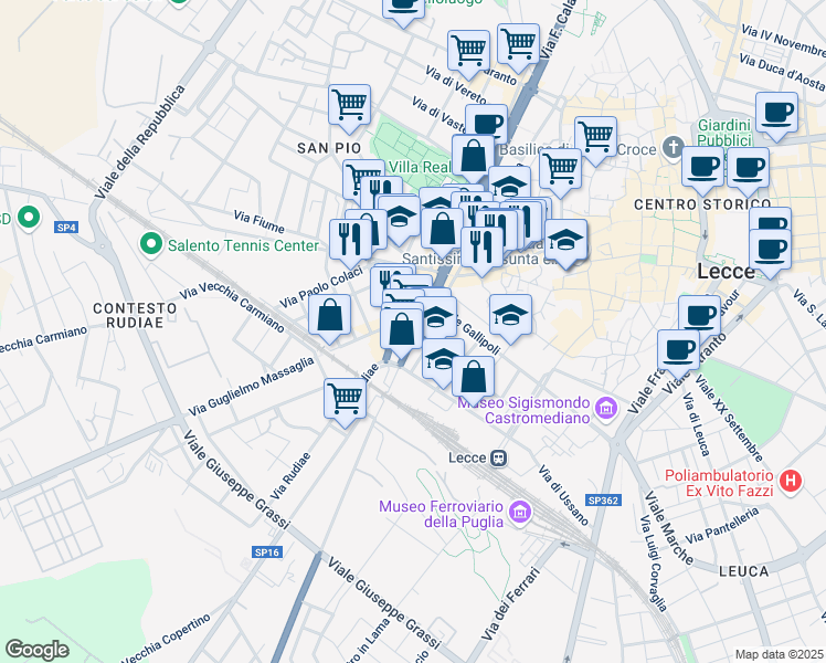 map of restaurants, bars, coffee shops, grocery stores, and more near 13 Viale dell' Università in Lecce