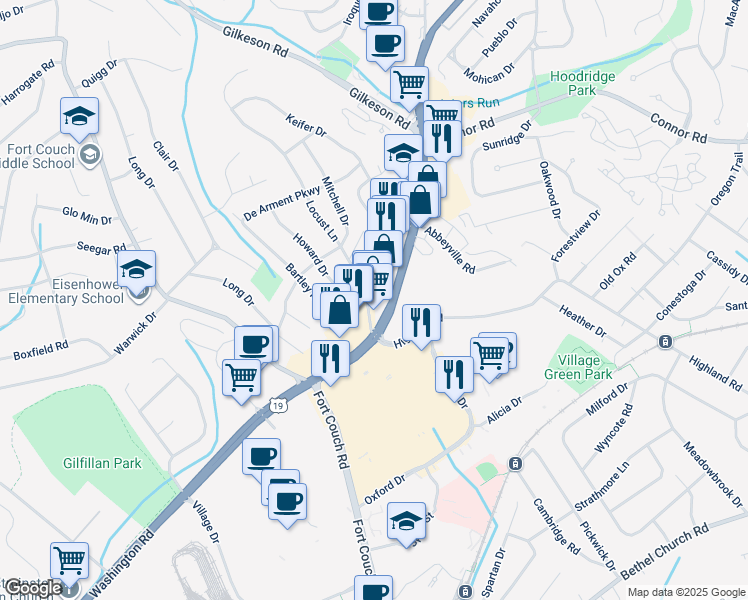 map of restaurants, bars, coffee shops, grocery stores, and more near 1680 Washington Road in Pittsburgh