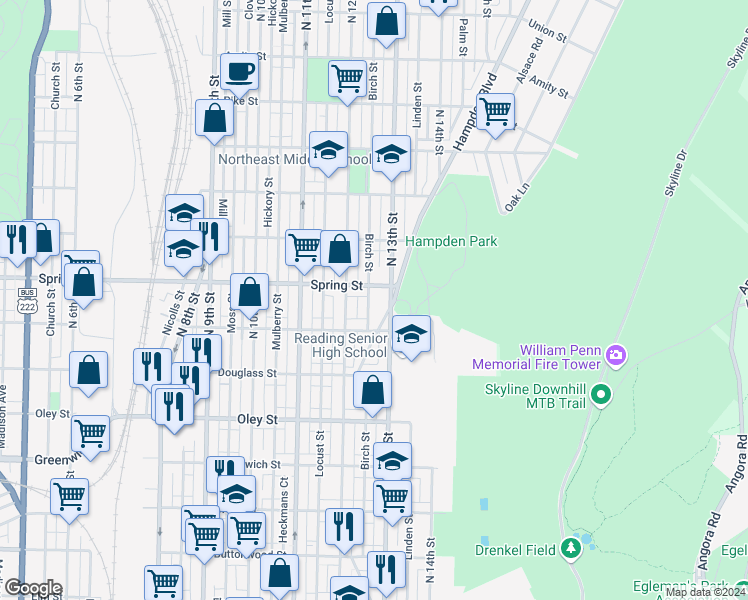 map of restaurants, bars, coffee shops, grocery stores, and more near 935 Birch Street in Reading