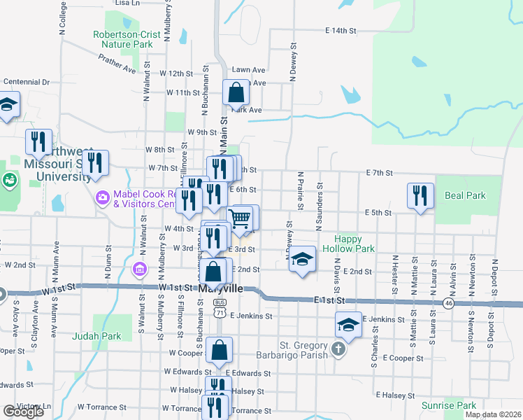 map of restaurants, bars, coffee shops, grocery stores, and more near 500 North Vine Street in Maryville