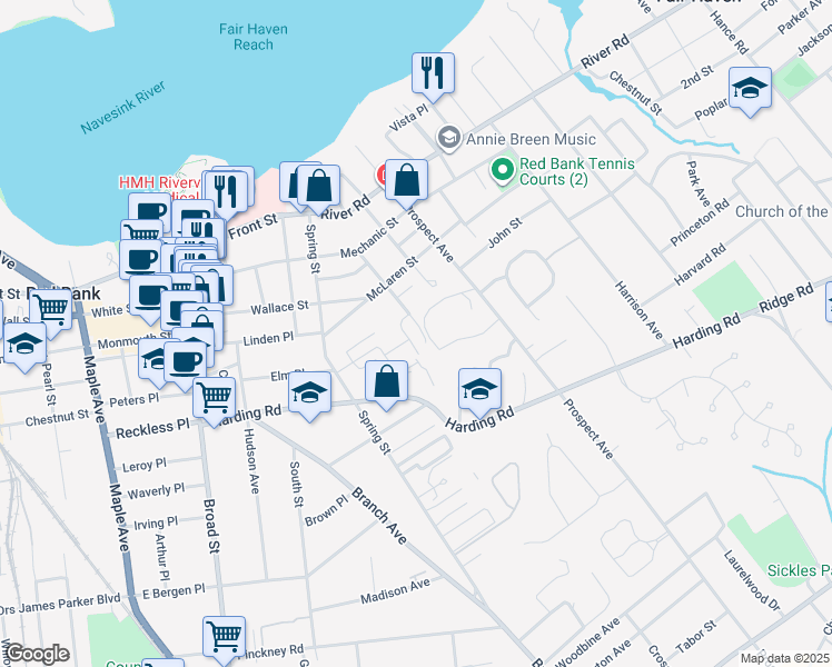 map of restaurants, bars, coffee shops, grocery stores, and more near 198 Manor East in Red Bank