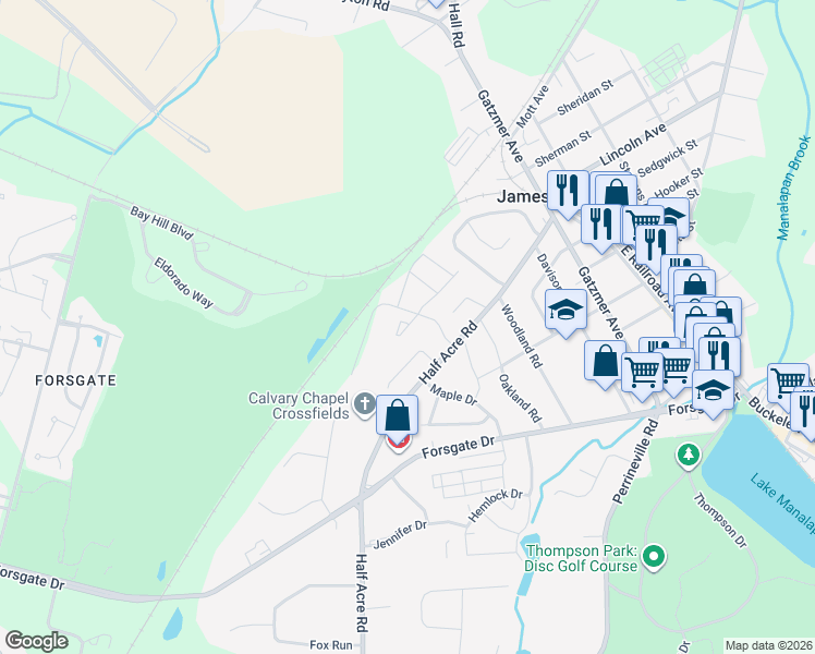 map of restaurants, bars, coffee shops, grocery stores, and more near 99 Sand Hill Court in Jamesburg