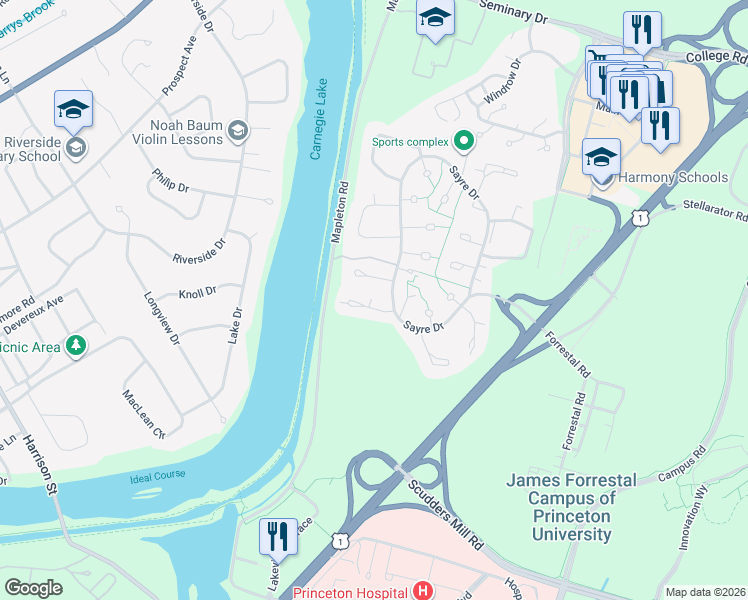 map of restaurants, bars, coffee shops, grocery stores, and more near 402 Sayre Drive in Princeton