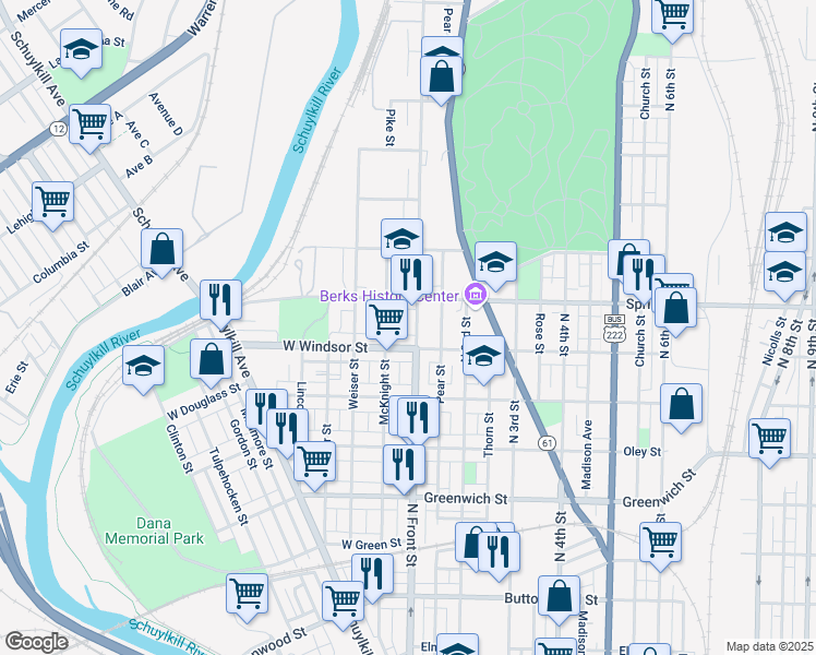 map of restaurants, bars, coffee shops, grocery stores, and more near 939 McKnight Street in Reading