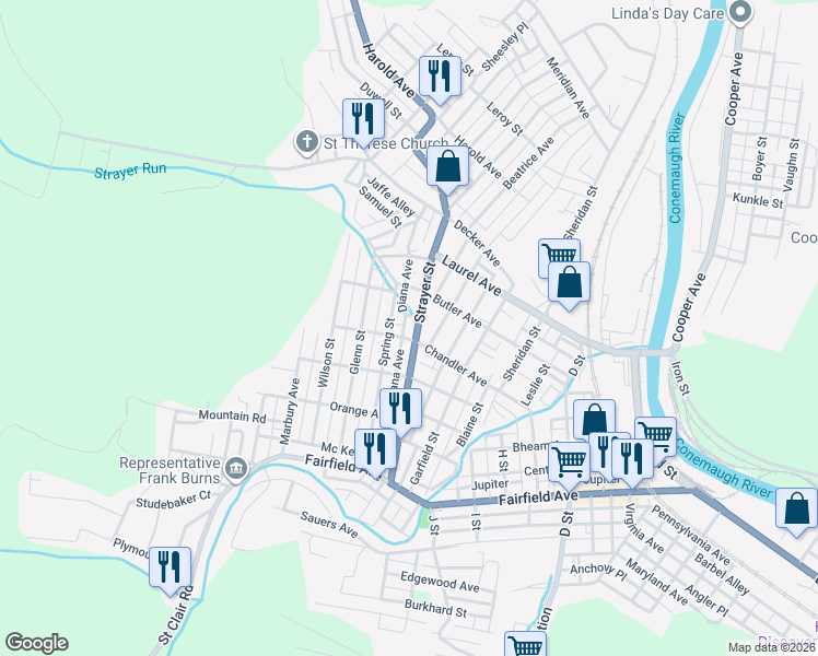 map of restaurants, bars, coffee shops, grocery stores, and more near 257 Strayer St in Johnstown