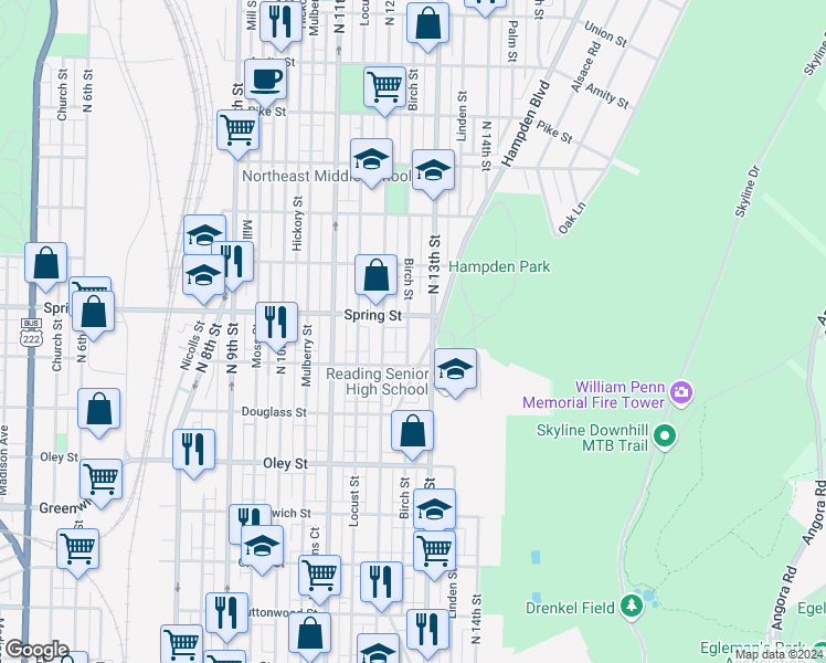 map of restaurants, bars, coffee shops, grocery stores, and more near 935 Birch Street in Reading