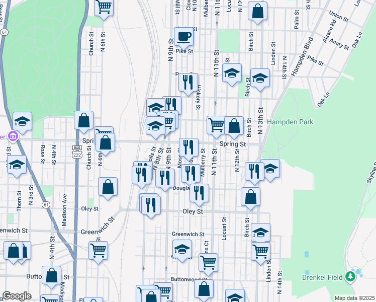 map of restaurants, bars, coffee shops, grocery stores, and more near 940 North 10th Street in Reading
