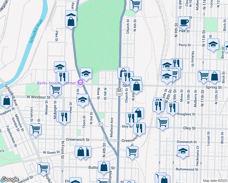 map of restaurants, bars, coffee shops, grocery stores, and more near 933 Madison Ave in Reading