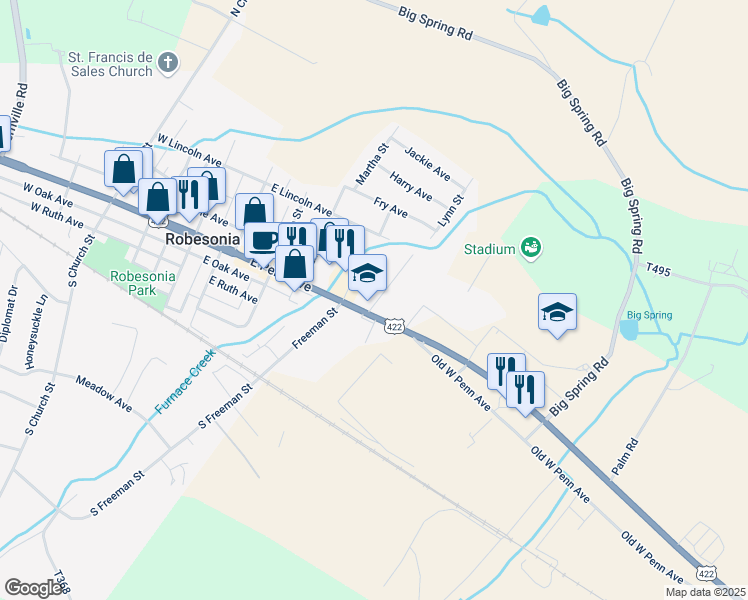 map of restaurants, bars, coffee shops, grocery stores, and more near 325 East Penn Avenue in Robesonia