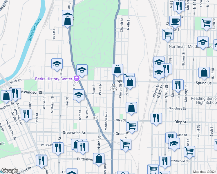 map of restaurants, bars, coffee shops, grocery stores, and more near 933 Madison Ave in Reading
