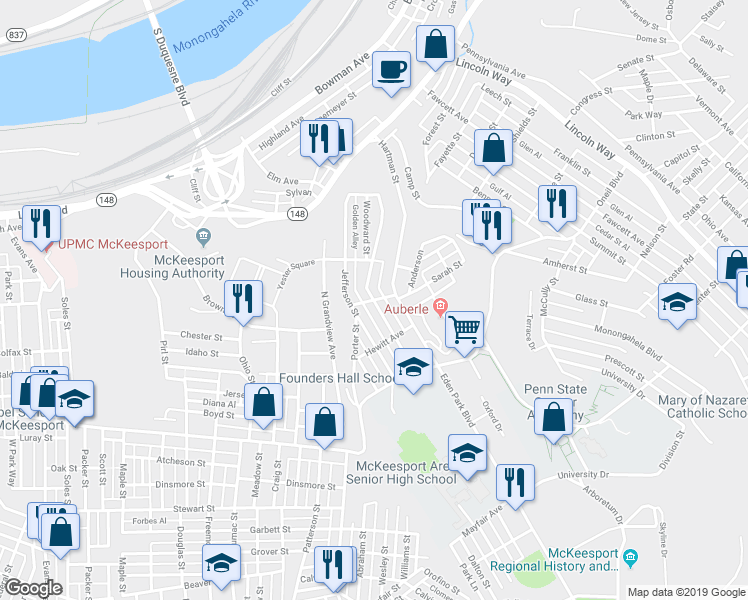 map of restaurants, bars, coffee shops, grocery stores, and more near 3701 Anderson in McKeesport