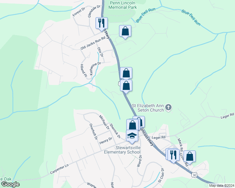 map of restaurants, bars, coffee shops, grocery stores, and more near 99 Lamont Drive in Irwin