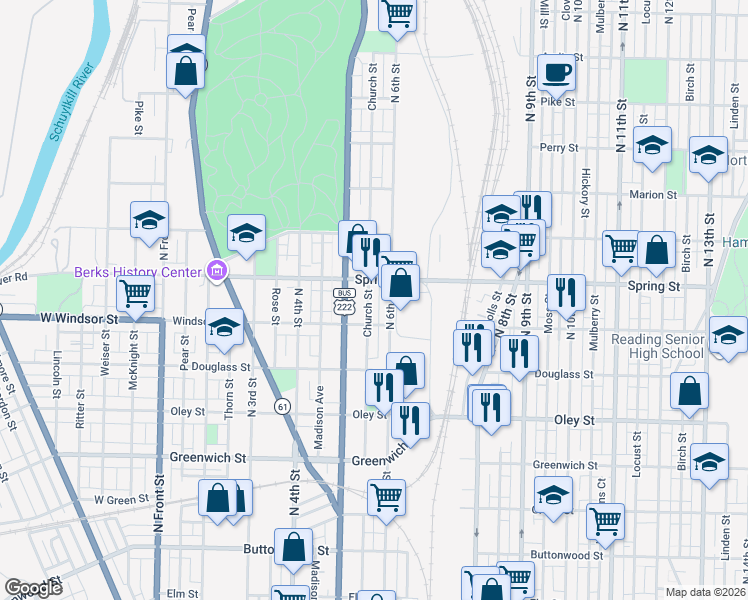 map of restaurants, bars, coffee shops, grocery stores, and more near 936 North 6th Street in Reading