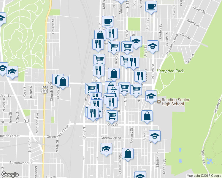 map of restaurants, bars, coffee shops, grocery stores, and more near 940 North 10th Street in Reading