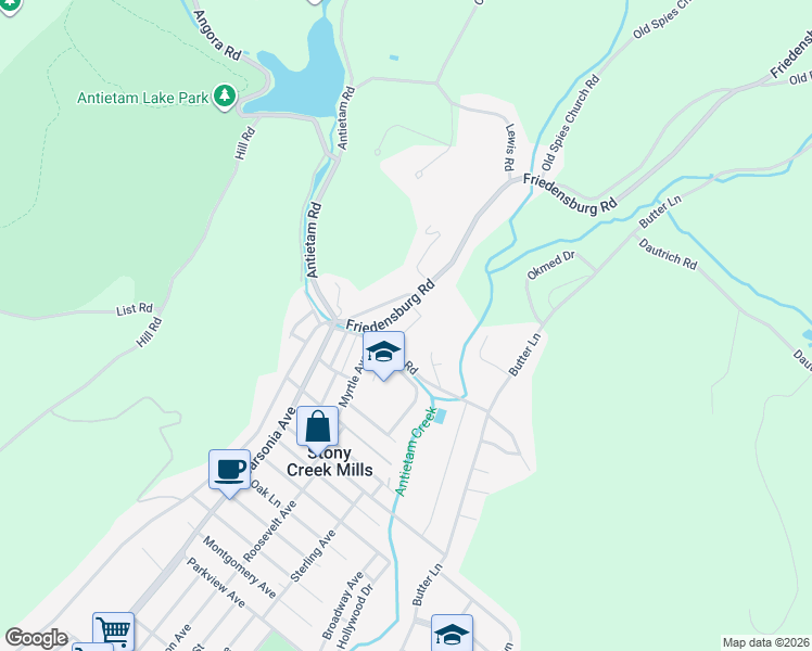 map of restaurants, bars, coffee shops, grocery stores, and more near 1517 Friedensburg Road in Reading