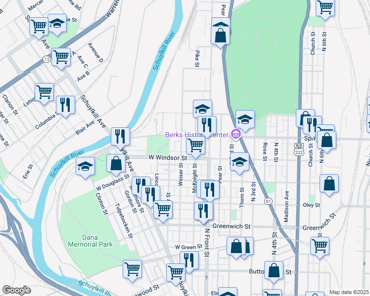 map of restaurants, bars, coffee shops, grocery stores, and more near 923 Weiser Street in Reading