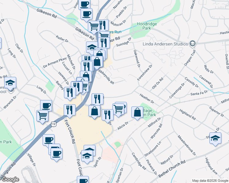 map of restaurants, bars, coffee shops, grocery stores, and more near 53 Highland Road in Bethel Park