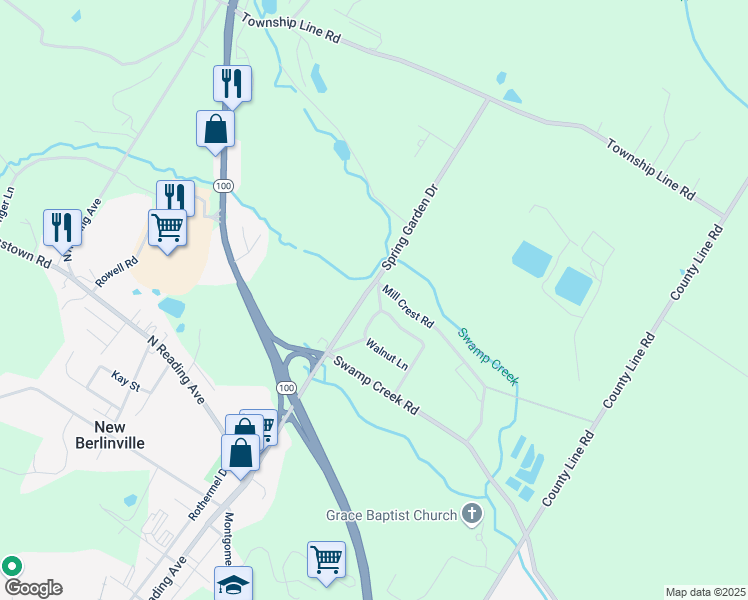 map of restaurants, bars, coffee shops, grocery stores, and more near 91 Cherry Lane in Bechtelsville