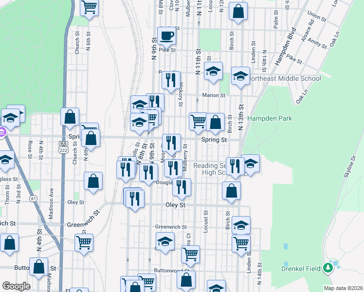 map of restaurants, bars, coffee shops, grocery stores, and more near 1032 Spring Street in Reading