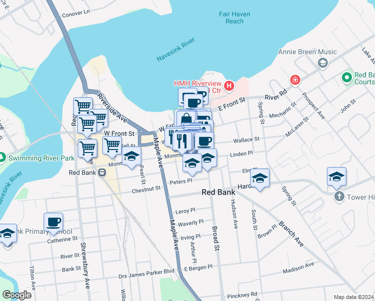 map of restaurants, bars, coffee shops, grocery stores, and more near 36 Monmouth Street in Red Bank