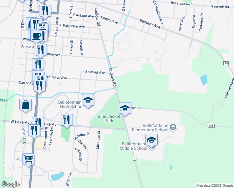 map of restaurants, bars, coffee shops, grocery stores, and more near 820 Ludlow Road in Bellefontaine