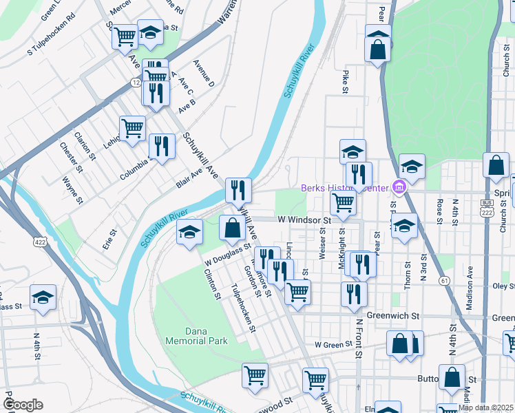 map of restaurants, bars, coffee shops, grocery stores, and more near 354 Bridge Street in Reading
