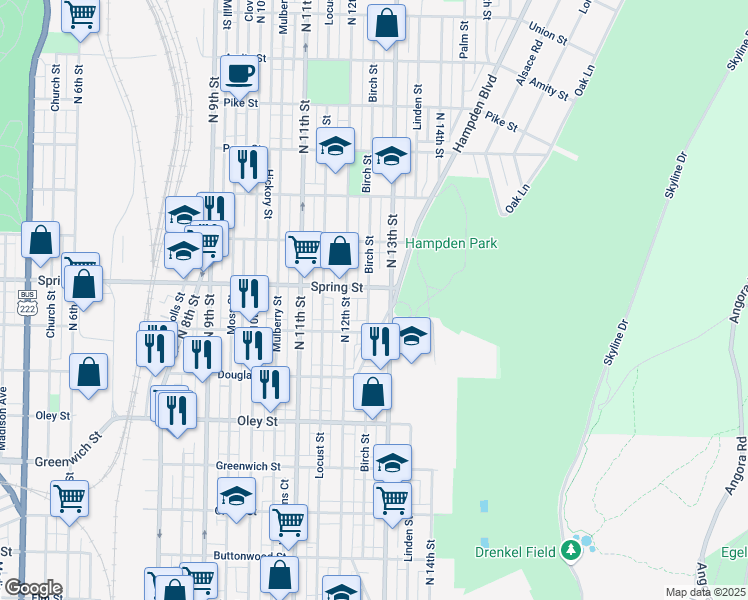 map of restaurants, bars, coffee shops, grocery stores, and more near 928 North 13th Street in Reading