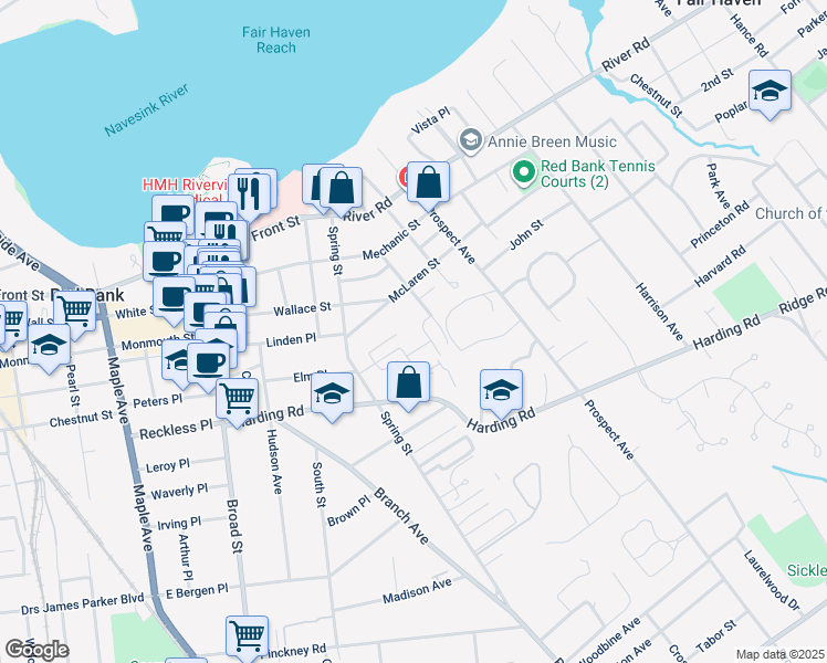 map of restaurants, bars, coffee shops, grocery stores, and more near 19 Manor Drive in Red Bank