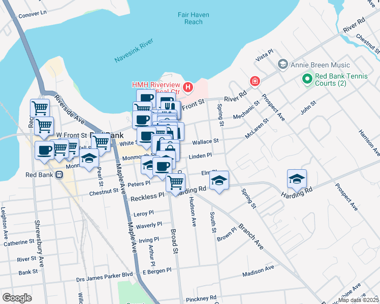 map of restaurants, bars, coffee shops, grocery stores, and more near 60 Wallace Street in Red Bank