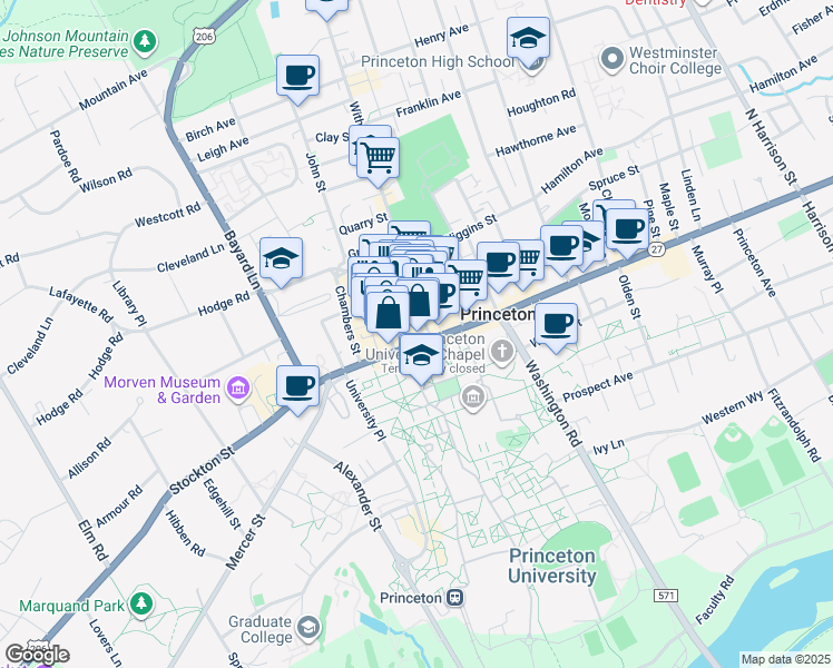 map of restaurants, bars, coffee shops, grocery stores, and more near 1 Palmer Square East in Princeton