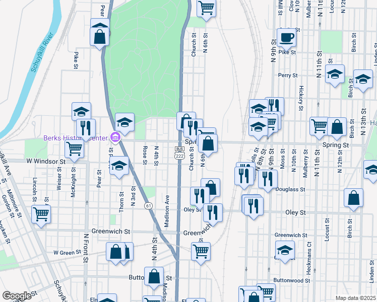 map of restaurants, bars, coffee shops, grocery stores, and more near 944 Church Street in Reading