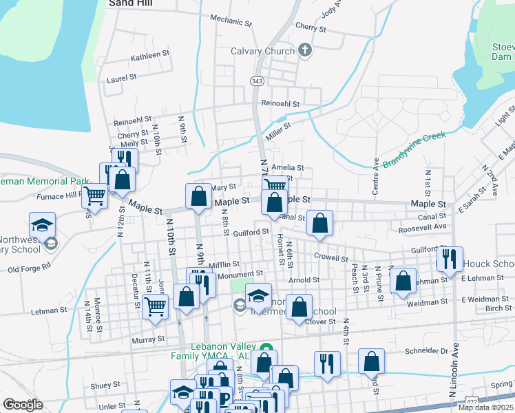 map of restaurants, bars, coffee shops, grocery stores, and more near 710 Maple Street in Lebanon