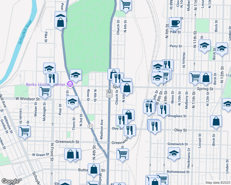 map of restaurants, bars, coffee shops, grocery stores, and more near 944 Church Street in Reading