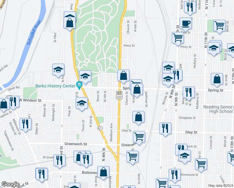 map of restaurants, bars, coffee shops, grocery stores, and more near 932 North 5th Street in Reading