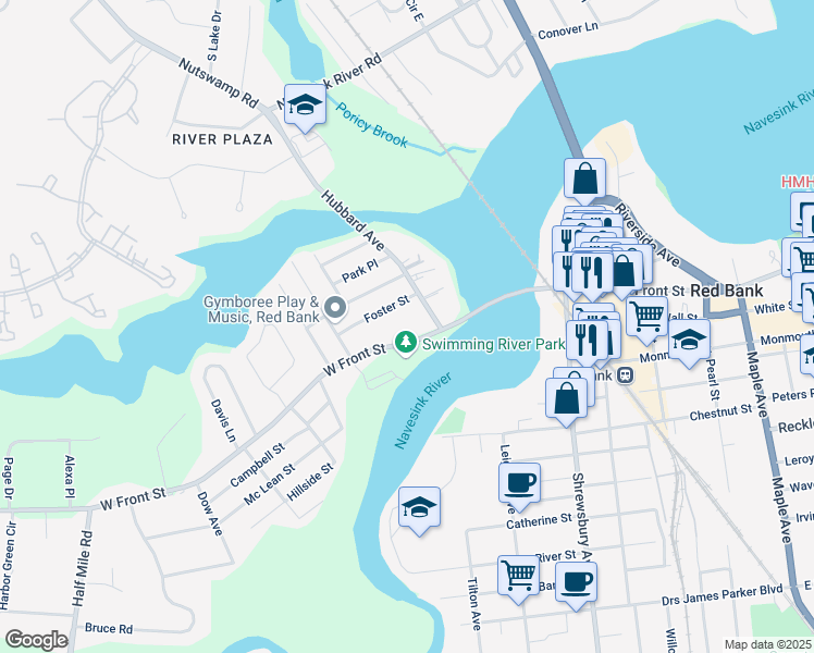 map of restaurants, bars, coffee shops, grocery stores, and more near 31 Foster Street in Red Bank