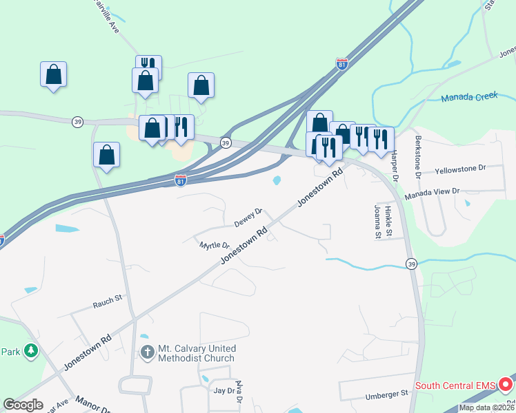 map of restaurants, bars, coffee shops, grocery stores, and more near 7902 Dewey Drive in Harrisburg