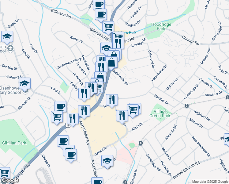 map of restaurants, bars, coffee shops, grocery stores, and more near 35 Highland Road in Bethel Park