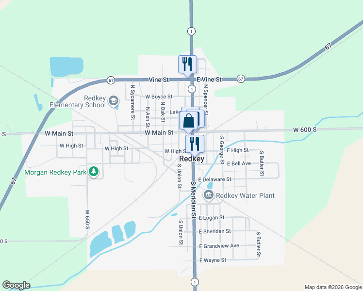 map of restaurants, bars, coffee shops, grocery stores, and more near 23-25 South Union Street in Redkey