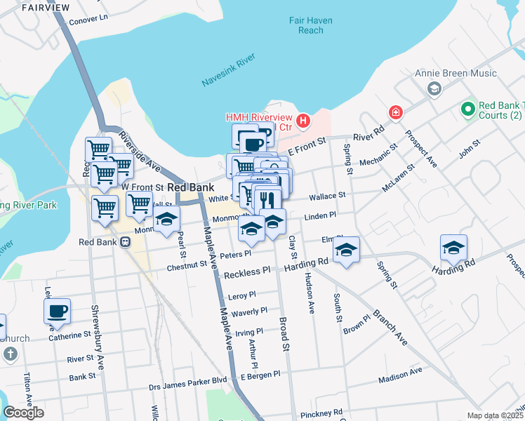 map of restaurants, bars, coffee shops, grocery stores, and more near 18 White Street in Red Bank