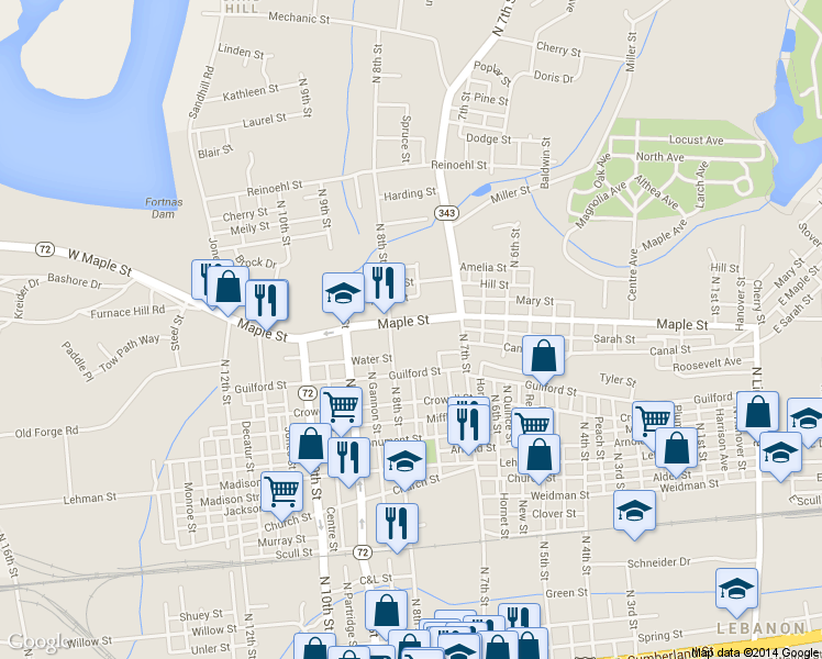 map of restaurants, bars, coffee shops, grocery stores, and more near 752 Maple Street in Lebanon