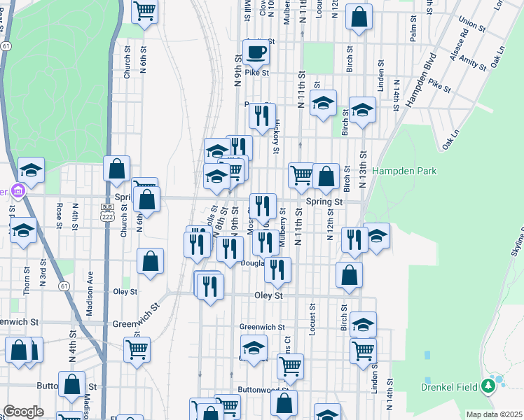 map of restaurants, bars, coffee shops, grocery stores, and more near 942A North 10th Street in Reading