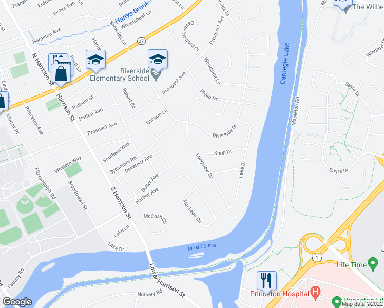 map of restaurants, bars, coffee shops, grocery stores, and more near 59 Longview Drive in Princeton