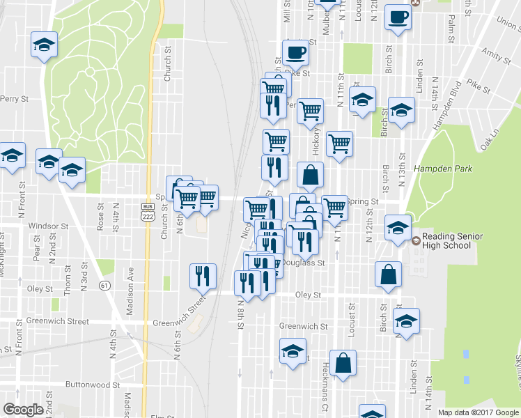 map of restaurants, bars, coffee shops, grocery stores, and more near 936 North 8th Street in Reading