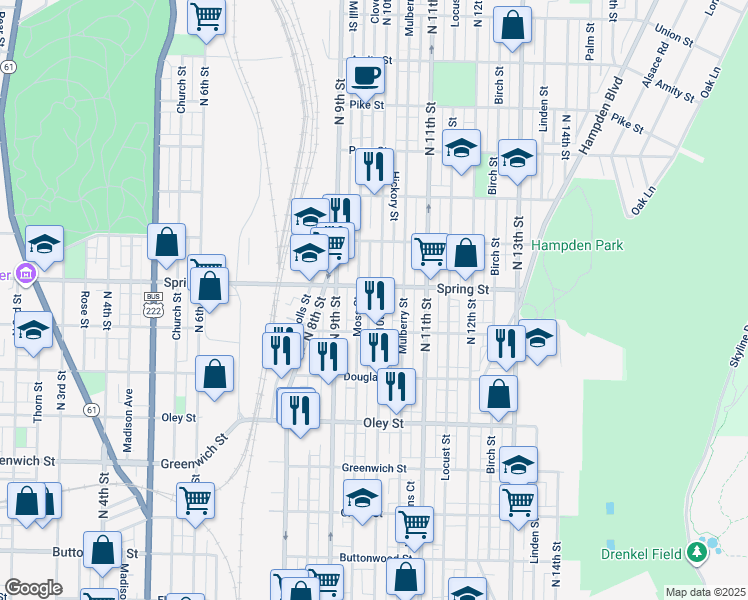 map of restaurants, bars, coffee shops, grocery stores, and more near 942A North 10th Street in Reading