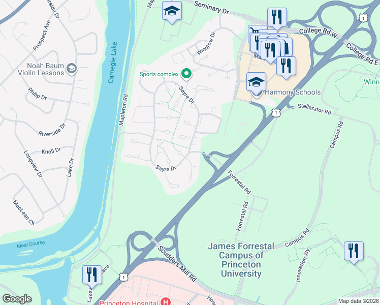map of restaurants, bars, coffee shops, grocery stores, and more near 702 Sayre Drive in Princeton
