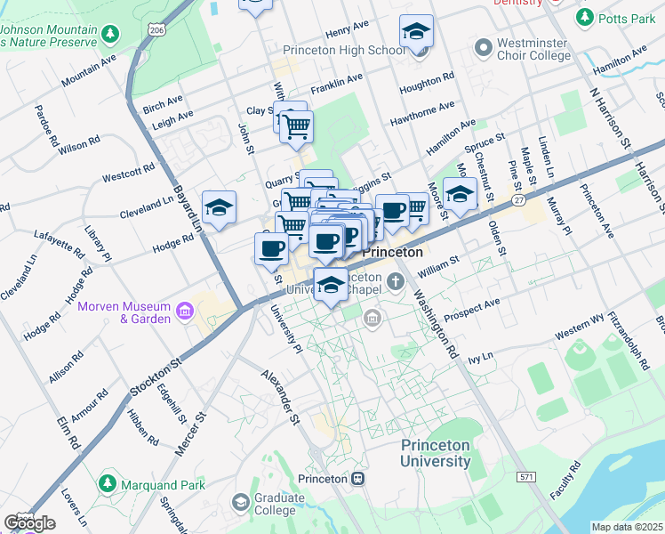 map of restaurants, bars, coffee shops, grocery stores, and more near 102 Nassau Street in Princeton