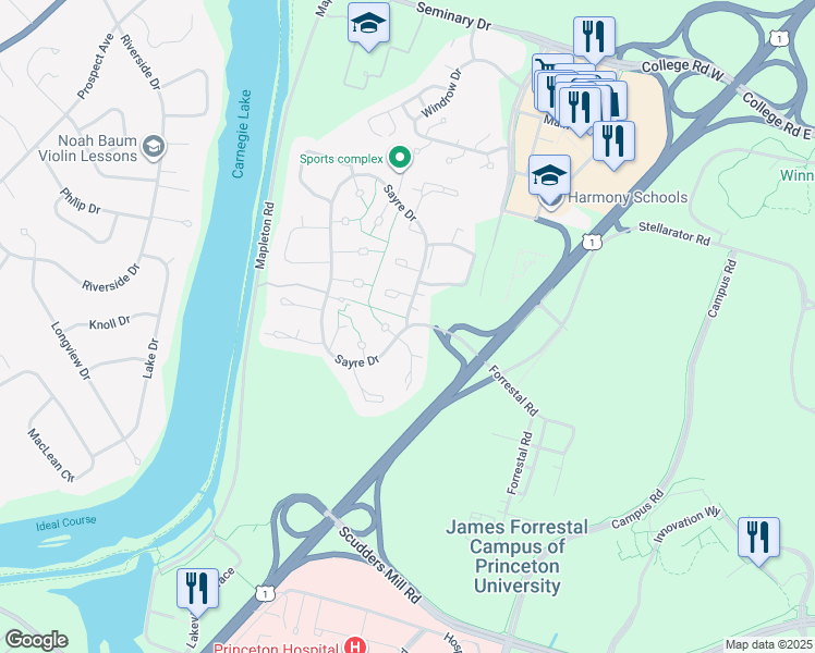 map of restaurants, bars, coffee shops, grocery stores, and more near 590 Sayre Drive in Princeton