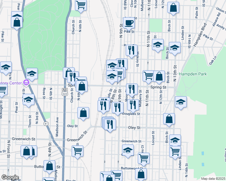 map of restaurants, bars, coffee shops, grocery stores, and more near 936 North 8th Street in Reading