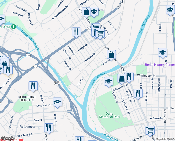 map of restaurants, bars, coffee shops, grocery stores, and more near 1117 Clarion Street in Reading